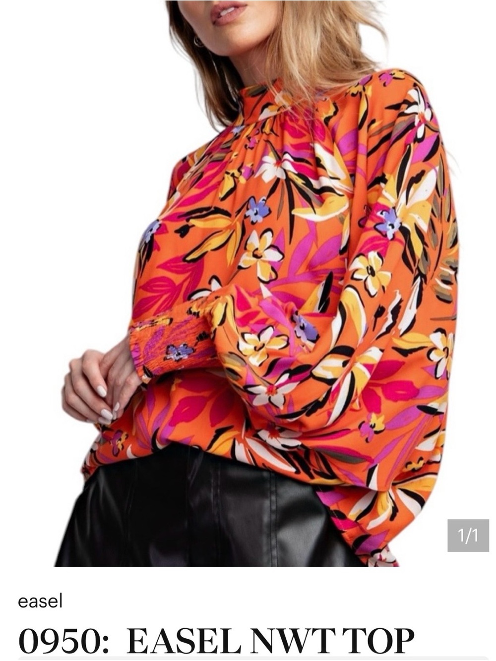 easel Orange & Pink Floral Mock Neck Blouse